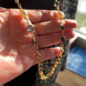 N100 Elegant Gold, Pearl and blue gem Necklace